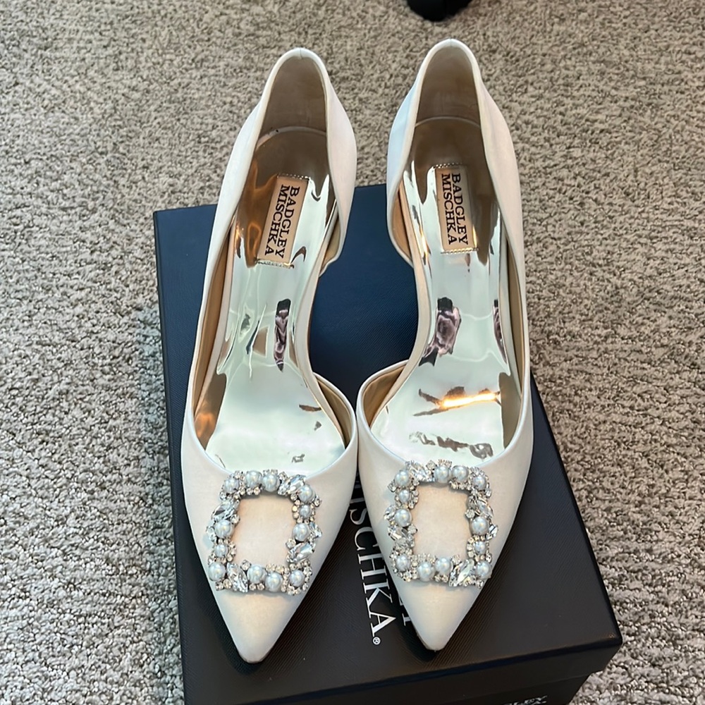 Badgley Mischka Fabia D’Orsay White Satin Heels